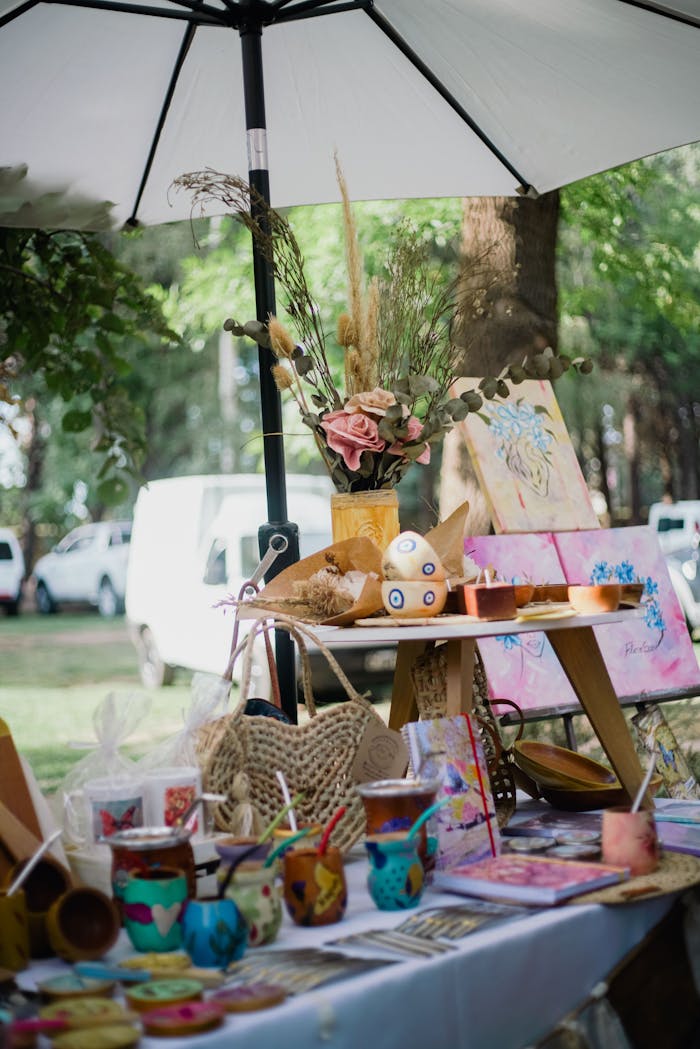 Explore a vibrant outdoor market stall showcasing handmade arts and crafts under a summer umbrella.